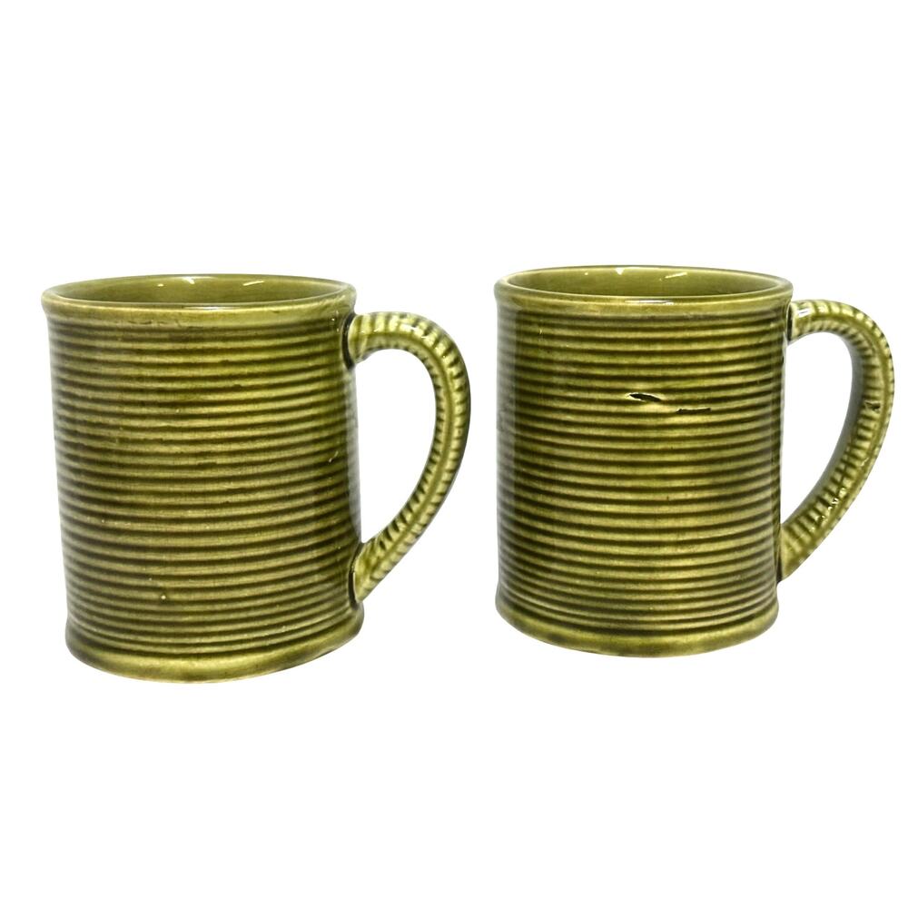 Holt Howard Vintage 1963 Olive Green Retro Pottery Coffee Tea Mugs-Set of 2